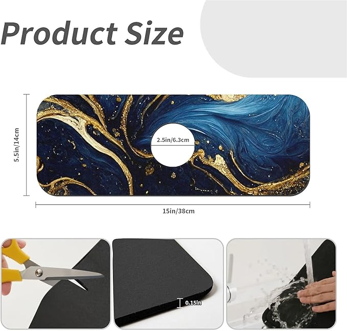 Kitchen Sink Splash Guard，Blue and gold marble texture Faucet Mat Sink Gadgets-Super Absorbent Fast Drying Mat Drip Catcher for Kitchen, Bathroom,Sink Mat, Dish Drying Mat, Bathroom(15" X 5.5" )