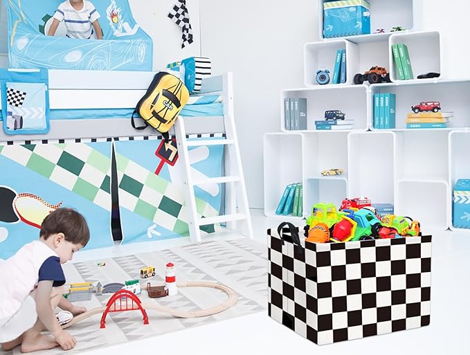 HIYAGON Rectangular Storage Bin Collapse Canvas Fabric Cartoon Storage Basket with Handles for Organizing Home Kitchen(Check)