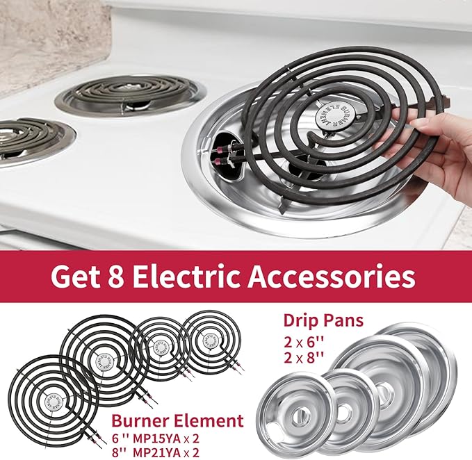 MP22YA Electric Stove Burner Element Replacement Set & W10290350 W10290353 4 Pack Black Drip Pans - Perfectly Fit Whirlpool Electric Range Stove Top