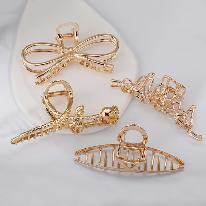 4 Pack Large Metal Hair Clips for Thin to Thick Curly Hair, 4.3 Inch Big Nonslip Gold Color Clamps, Perfect Fashion Jaw Claw Hair Styling Accessories for Women and Girls, Christmas Gifts