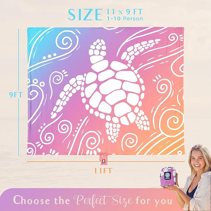 WEKAPO Beach Blanket Waterproof Sandproof Oversized Extra Large Sand Free Beach Mat with Stakes, Storage Bag - Essentials for Outdoor Beach, Picnic (Pinkish Purple Sea Turtle, 11 X 9 FT (1~10 Person))