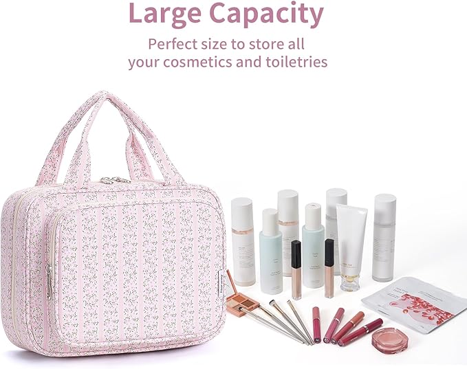Narwey Hanging Toiletry Bag for Women Travel Makeup Bag Organizer Toiletries Bag for Travel Size Essentials Accessories Cosmetics (Pink Flower Buds (Medium))