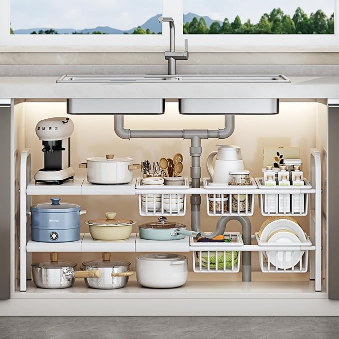 Under Sink Organizer, 2 Tier Expandable Heavy Duty Metal Shelf, with 5 Removable Panels and 5 Storage Baskets for Under Kitchen Bathroom Sink Organizers and Storage (White, Large)