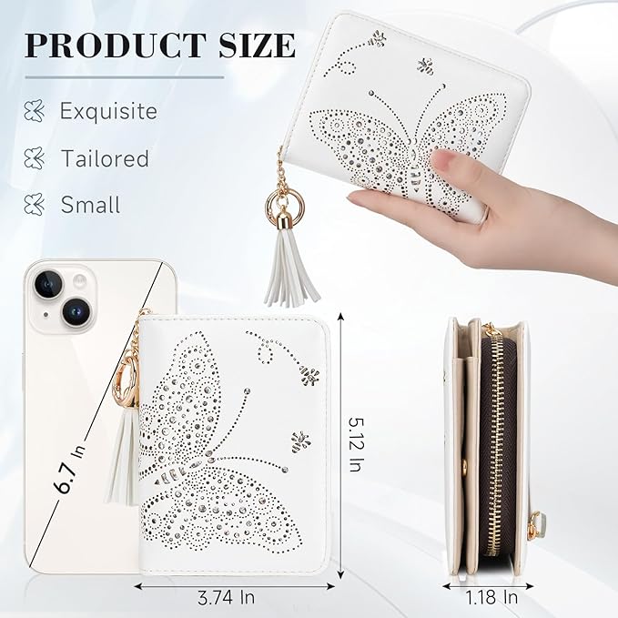 Women RFID Blocking Small Bifold Wallet, Compact Cash Clutch with Zipper Coin Pocket, Glittery Butterfly Design, Credit Card Holder, Travel Purse with Tassel WHITE