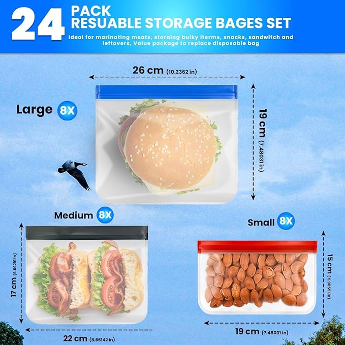 24-Pack Reusable Silicone Food Storage Bags – BPA-Free, Leakproof Ziplock Set | Includes 8 Small, 8 Medium & 8 Large | Freezer-Safe & Eco-Friendly for Kitchen, Meal Prep & Travel
