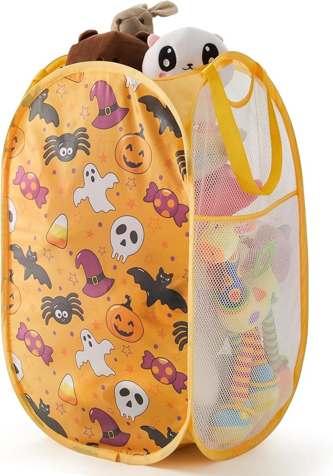 TECHMILLY Collapsible Mesh Pop Up Laundry Hamper with Sturdy Handles and Side Pocket - Portable Foldable Clothes Baskets for Dorm, Bathroom & Travel Storage (Halloween)
