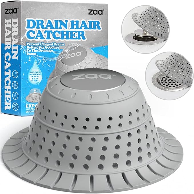 zaa Bathtub Drain Hair Catcher, Premium Silicone Shower Hair Catcher, 1 Pack Collapsible Hair Stopper for Pop-Up and Regular Drains of Showers, Bathtubs, Bathroom Sinks, Bathroom Fixture Accessories, Gray