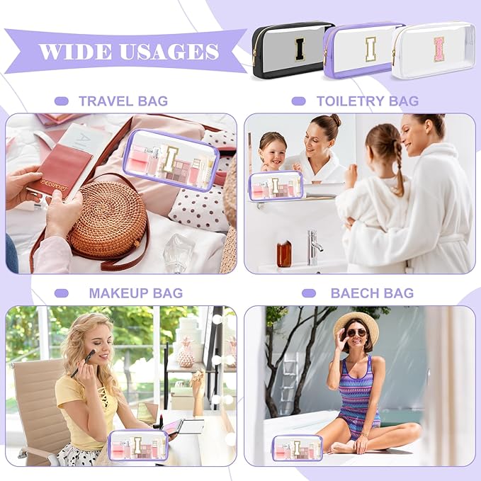 Personalized Initial Letter Clear Makeup Bag, Preppy Small Nylon & PVC Cosmetic Zipper Bag with Chenille Letter, Travel Skincare Toiletry Bag, Monogram Christmas Gift for Teen Girls Women