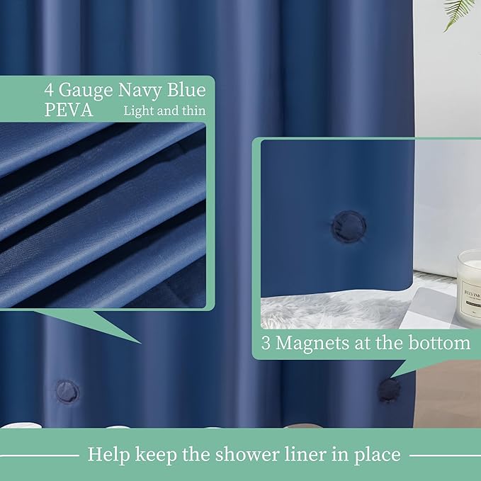 Mrs Awesome Navy Shower Curtain Liner with 3 Magnets, 72x72 Premium Flexible Sturdy Plastic Shower Curtain for Bathroom Lightweight & Waterproof, Navy Blue