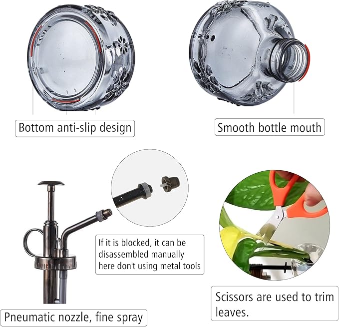 XXXFLOWER Glass Plant Mister Spray Indoor Plant Spritzer Succulent Watering Bottle with Bronze Pump 6 Inches for Home Decor Vintage (Grey)