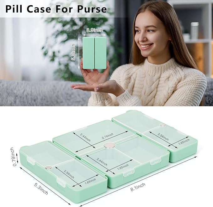 FYY Daily Pill Organizer,7 Compartments Portable Pill Case Travel Pill Organizer,[Folding Design] Pill Box for Purse Pocket to Hold Vitamins,Cod Liver Oil,Supplements and Medication-DarkGreen