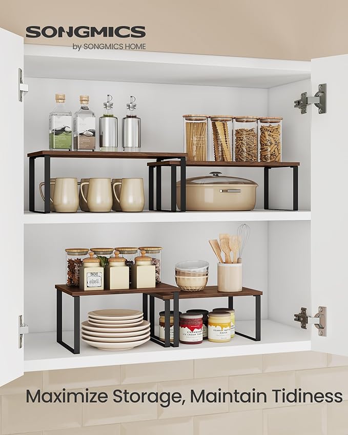 SONGMICS Cabinet Organizer Shelf, Set of 2 Kitchen Counter Shelves, Kitchen Storage, Spice Rack, Stackable, Expandable, Metal and Engineered Wood, Natural Walnut and Matte Black UKCS025K01