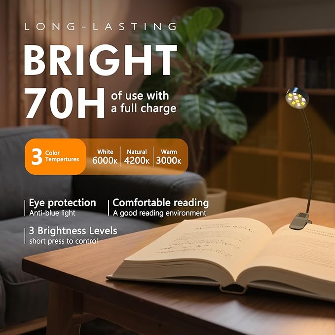 2 Pack 10 LED Rechargeable Book Light for Reading in Bed - Eye Caring 3 Color Temperatures, 3 Adjustable Brightness, Long Runtime Small Lightweight Clip On Book Reading Light for Studying