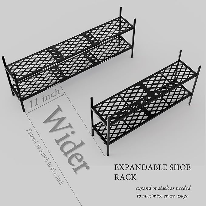 Shoe Rack, Expandable Shoes Organizer Metal Shelf Stand, 2-Tier Stackable Long Shoe Storage Holder for Closet, Floor, Entryway, Garage, Bedroom, Door Entrance for 12-18 Pairs, 45.6 Inches, Black