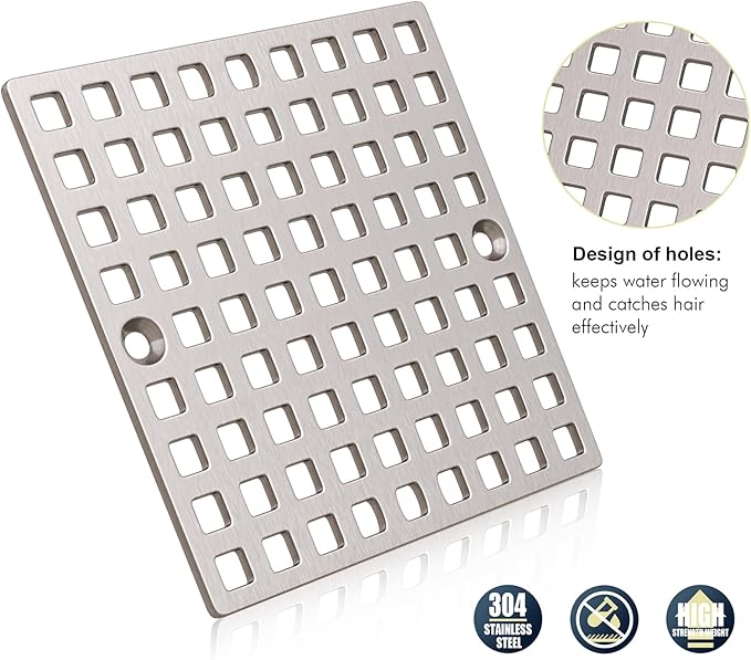3-7/8" Brushed Nickel Shower Drain Cover - Square Floor Drain Cover Replacement - Hair Catcher/Drain Strainer for Bathrooms, Showers, and Sinks - SUS304 Stainless Steel & CUPC Certified