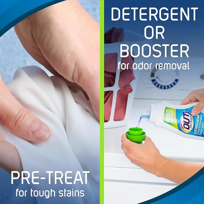 OUT ProWash Workwear Stain Remover Laundry Detergent and Odor Eliminator, Great for Work Clothes, Uniforms, Active Wear, and More, Made in the USA, 22 Ounce Bottle, 6-Pack