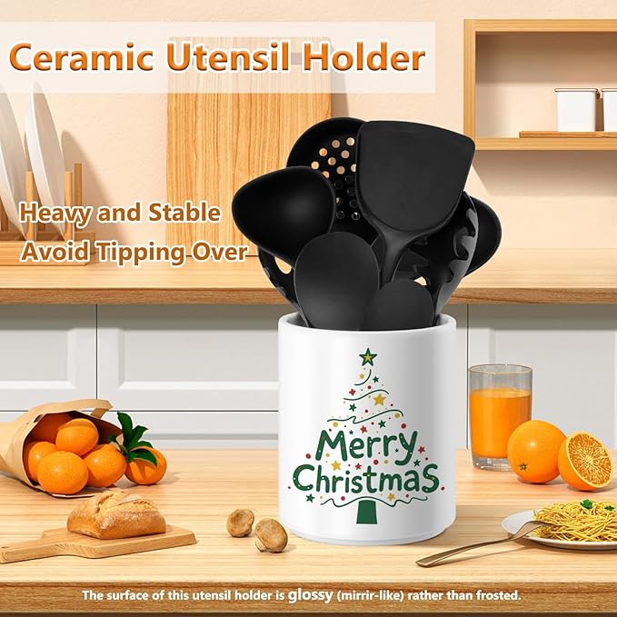 Christmas Utensil Holder Ceramic Cooking Utensil Holder for Kitchen Counter Green Xmas Tree Utensils Holder, Large Spatula Holder Glossy White Christmas Gift Kitchen Decor （6.5”H x 5.5”D）
