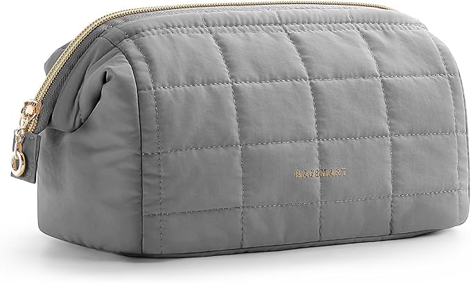 BAGSMART Makeup Bag Travel Toiletry Bag, Puffy Padded Makeup Bags for Women Makeup Organizer Case, Wide-Open Pouch Purse Travel Essentials Toiletries Accessories Brushes, Gray