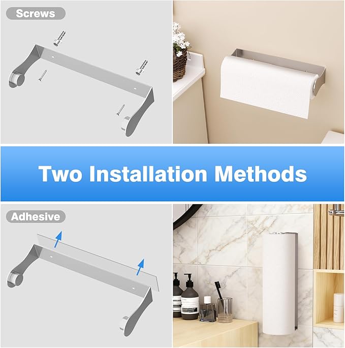 Paper Towel Holder Under Cabinet, Stainless Steel, Adhesive or Screw Mount, Fits Standard & Mega Rolls, Wall Mount Rack for Kitchen, Bathroom, RV, Silver