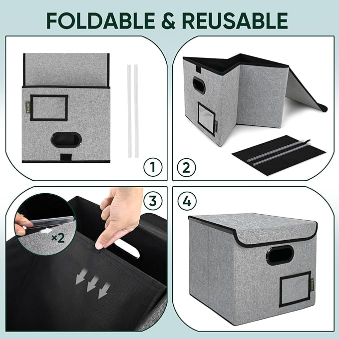 BALEINE File Organizer Box with Lid, Collapsible File Folder Organizer with Plastic Slide, Hanging File Folder Box for Office Document Storage (2 Pack, Gray)