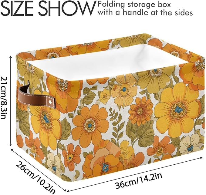 Aslsiy Storage Basket Vintage 70s Style Flowers Nursery Bins Baby Box Canvas Clothes Shelf Basket Laundry Hamper Gift Baskets for Home Closet 1 Pcs