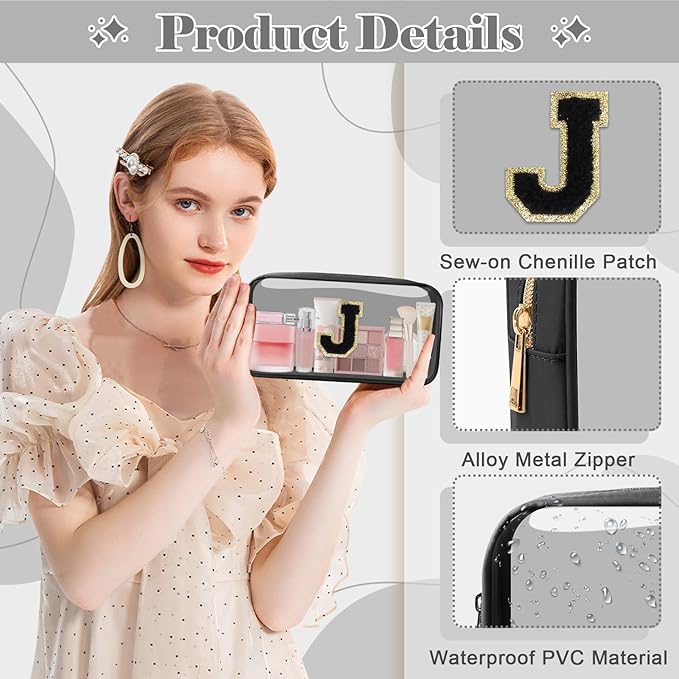Personalized Initial Letter Clear Makeup Bag, Preppy Small Nylon & PVC Cosmetic Zipper Bag with Chenille Letter, Travel Skincare Toiletry Bag, Monogram Christmas Gift for Teen Girls Women, J