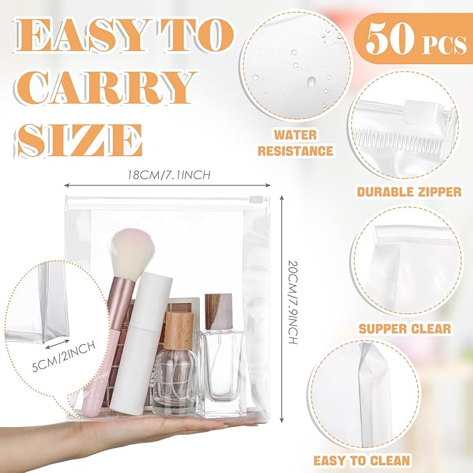 Xuniea 50 Pcs Mini Clear Makeup Bag Small Clear Zipper Pouch Travel Plastic Cosmetic Organizer Waterproof for Toiletries Swimsuit Bikini Bathing Suit (7.1'', Transparent)