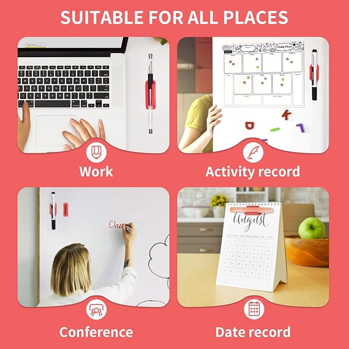 12 Pack Pen Holder for Desk, Silicone Pencil Holder with 12 Extra Adhesive Stickers, Adhesive Pen Holder & Marker Clip for Classroom Office Desk or Any Surface, Teacher Accessories Supplies (Red)