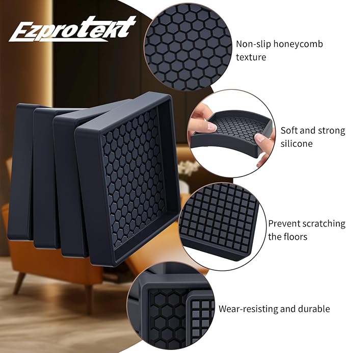 Ezprotekt Non Slip Furniture Pads, 16 Pcs 2.5" Anti Skid Rubber Furniture Caster Cups, Anti-Slip Furniture Coasters for Hardwood Floors, Anti Slide Floor Protectors for Bed Couch Stoppers (Black)