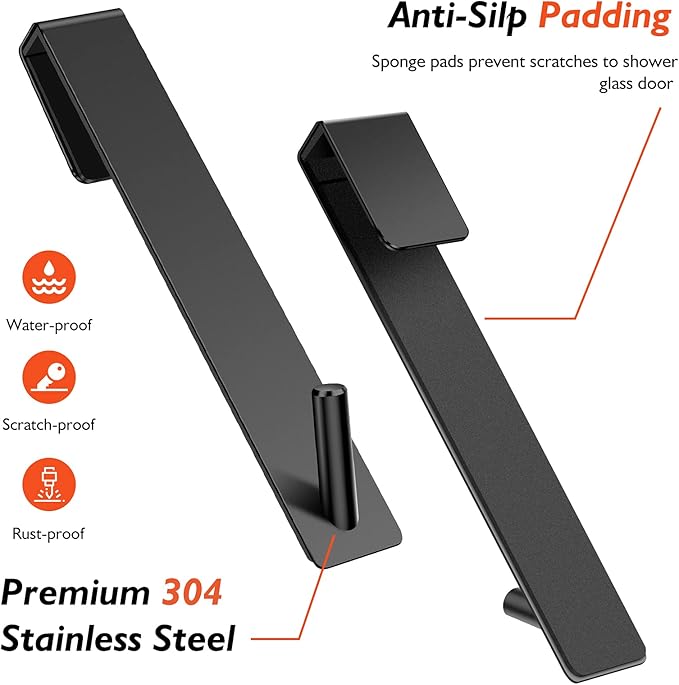 Kontoyo Shower Door Hooks(10 Inch),Extended Over Door Hooks for Bathroom Frameless Glass Shower Door,Stainless Steel Towel Hooks,Heavy Duty Rack Hooks for Robe,Towel-2 Pack-Black