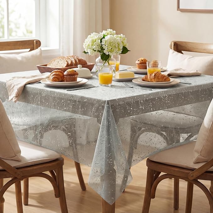 Horaldaily Grey Sliver Tablecloth 60x84 Inch Rectangular, Sliver Glitter Metallic Foil Foil, Sheer Tulle Cheesecloth for Wedding Baby Shower Ceremony Birthday