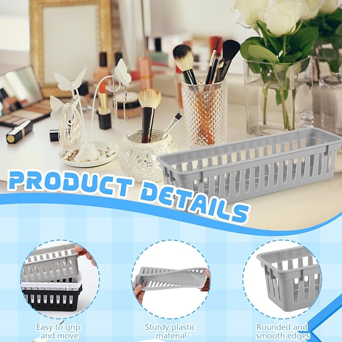 12 Pcs Gray Slim Plastic Storage Baskets Tray 10 x 3 x 2.5 Inch Compact Stackable Desk Organizer for Office, Classroom, School Supplies, and Home Storage, Organization(Gray)