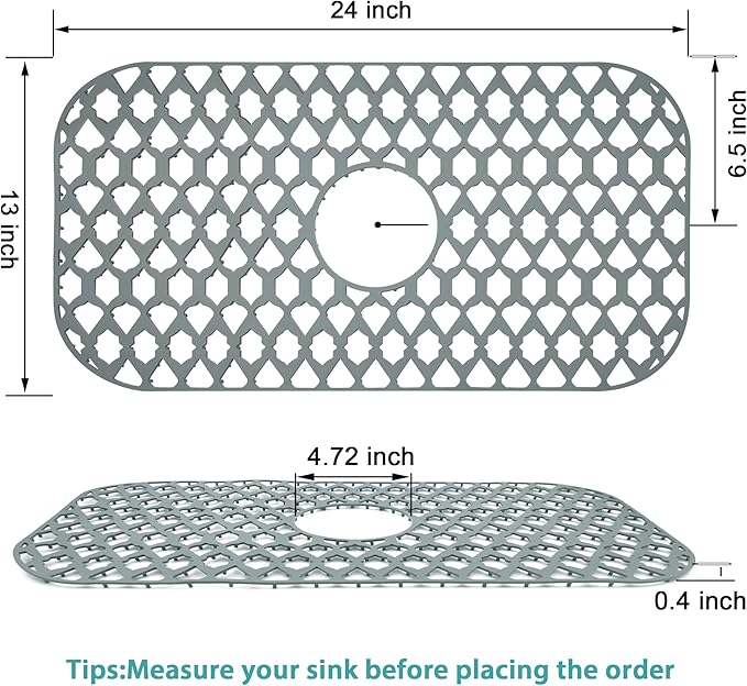 Sink Protectors for Kitchen Sink, Kitchen Sink Accessory - Silicone Mats Grid for Stainless Steel Strainer Bottom of Farmhouse Porcelain sinks (24”x13”, Center Drain)