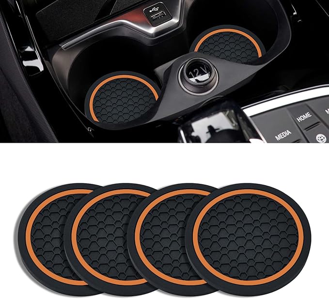 4PCS Car Cup Holder Coasters, 2.75 Inch Non-Slip Insert Cup Holder Pad, Dustproof Automotive Interior Accessories Mat, Universal for Trucks, Vehicles, RVs and More (Black/Orange)
