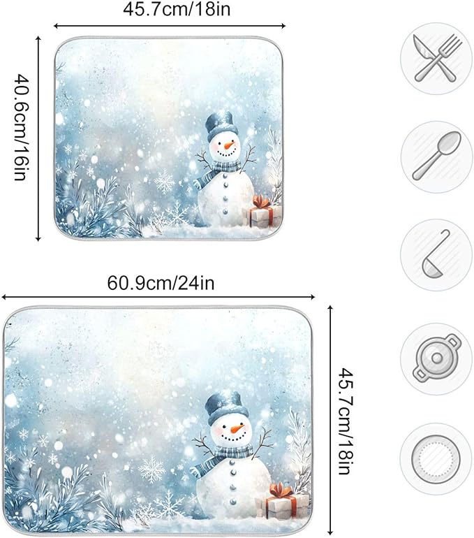 Winter Snowman Silver Dish Drying Mat for Kitchen Countertop 18x24 Christmas Snowflake White Xmas Large Drying Mat Reusable Quick Dry Dish Sink Mats Easy Clean Decorative Essentials