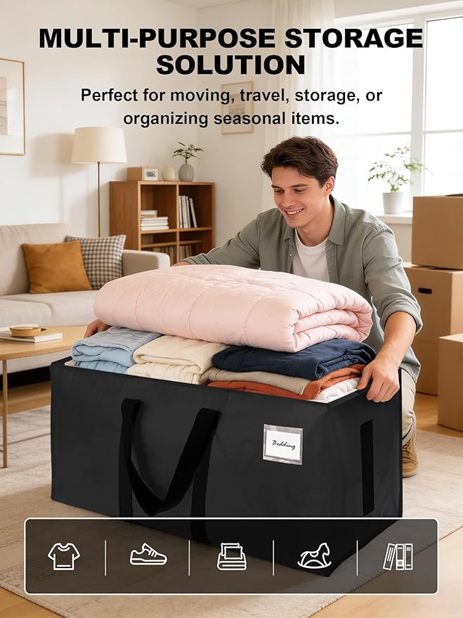 HOMESURE Supports 200lbs Heavy Duty Moving Bags - Strong Zipper & Wrap-Around Handles - Water-Resistant Storage Totes, Durable Alternative to Moving Boxes - 8 Pack - Black