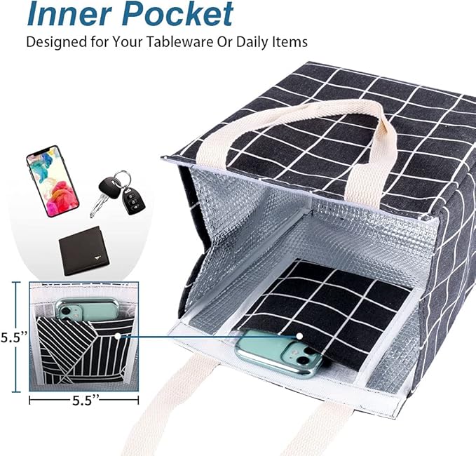 iknoe Insulated Lunch Bag for Women & Adults, 9L Foldable Wide-Open Cooler Bag with Pockets, Leakproof & Portable, for Picnic, Office, Beach (Black square)