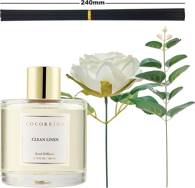 Cocorrína Flower Reed Diffuser - Clean Linen 6.7oz Scented Diffuser with Sticks Home Fragrance Essential Oil for Bathroom Shelf Decor (Artificial Flower)