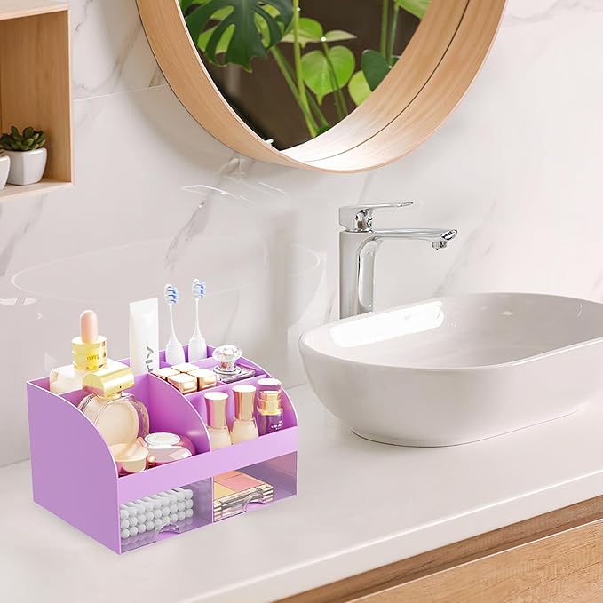 Makeup Organizer with 2 Drawers, Cosmetic Storage for Dresser Vanity and Bathroom Countertop, Makeup Organization and Skincare Storage with Beauty Brush Holder, Cosmetic Display Case (Purple)