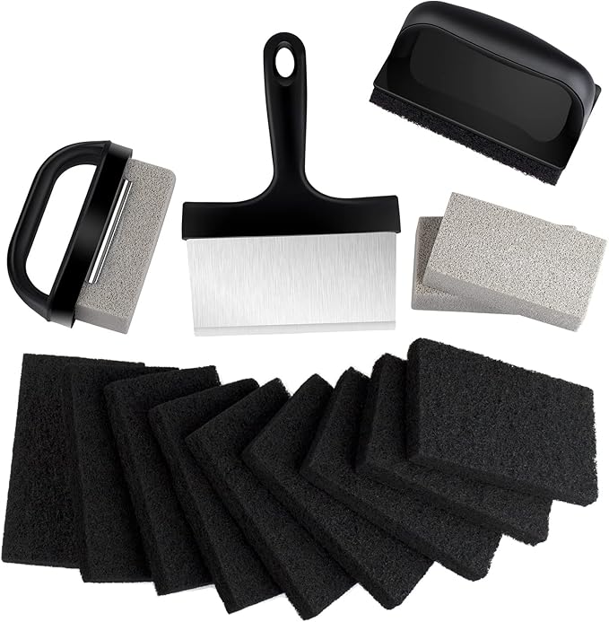 Blackstone Griddle Cleaning kit 16 Pcs, Heavy Duty Grill Cleaning Stone Bricks with Handle,Griddle Scrubber Scouring Pads with Handle and 6" Grill Scraper,Griddle Cleaner Brush Set for Flat Top
