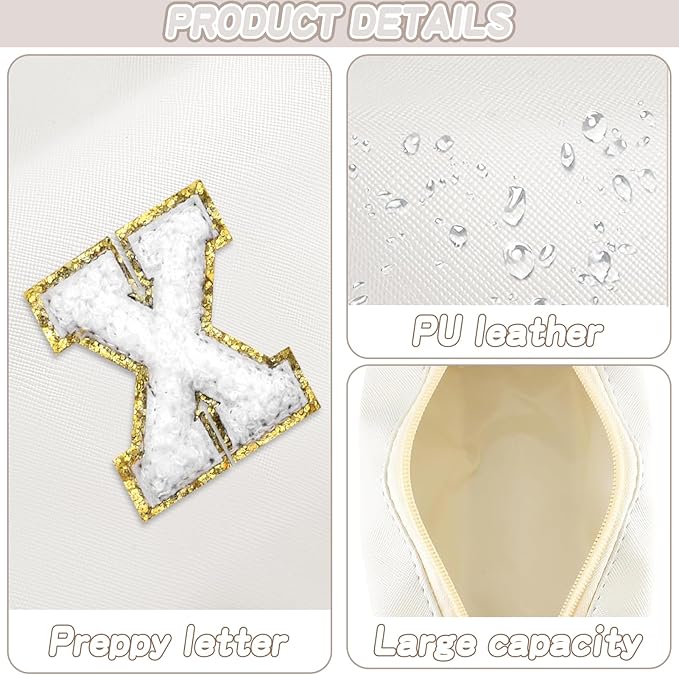 Gifts for Girls Initial Makeup Bag Personalized Cosmetic Bag with Zipper Cute Travel Toiletry Bags Waterproof PU Preppy Makeup Pouch Birthday Gift for Teen Girls Women(White X)