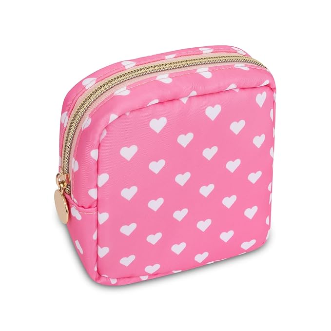 Mini Makeup Pouch for Purse, Small Cosmetic Bag Pouch Nylon Travel Toiletry Organizers for Women Girls, Cute Storage Zipper Pouch Coin Purse for School Work Camping (Mini-Pink Heart)