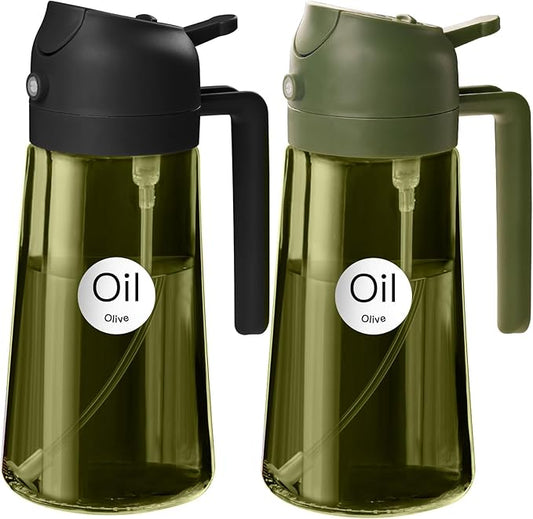 YARRAMATE 2Pcs 16oz/470ml Dark Green Oil Sprayer for Cooking with Stickers, Food-grade Premium 2 in 1 Olive Oil Dispenser Bottle for Kitchen Gadgets, Air Fryer, Salad, Frying, BBQ (Black&OliveGreen)