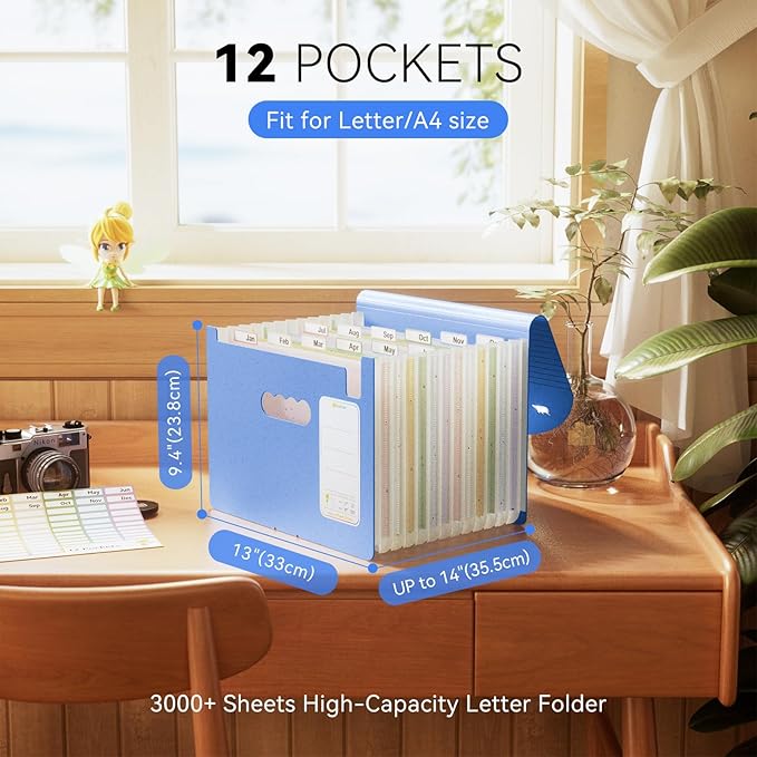 13-Pocket Accordion File Organizer,Wheat Straw Expanding File Folder with Polar Bear Cut-Out,Portable Monthly Paper Bill Tax Receipt Organizer, Letter A4 Size -UN Blue Polar Bear