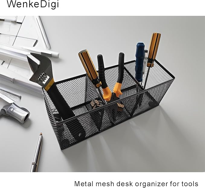 2-Pack Metal Mesh Pencil Holder, Spacious 3-Compartment Desk Organizer for Pens, Makeup Brushes, Utensils, Desktop Storage for Home, Office, School, Kitchen, 10.43x3.35x4.04 Inch, Black