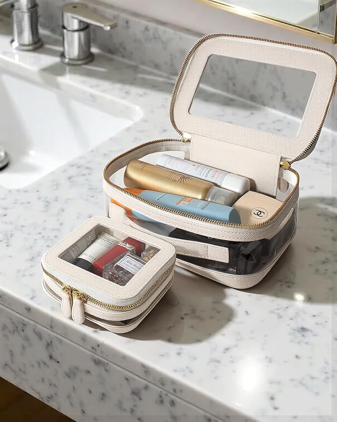 Clear Makeup Bag for Women, Small Portable Clear Makeup Bag Cute Waterproof Travel Cosmetic Case Makeup Pouch TSA Approved Toiletry Bag Women Traveling Car Organizer Car Essentials (White, Standard)