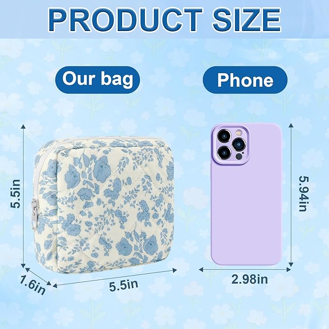 Small Quilted Cotton Makeup Bag for Purse Mini Cosmetic Period Bag for Women Cute Blue Flower Makeup Sanitary Pouch Portable Travel Toiletry Bags with Zipper Christmas Birthday Gifts