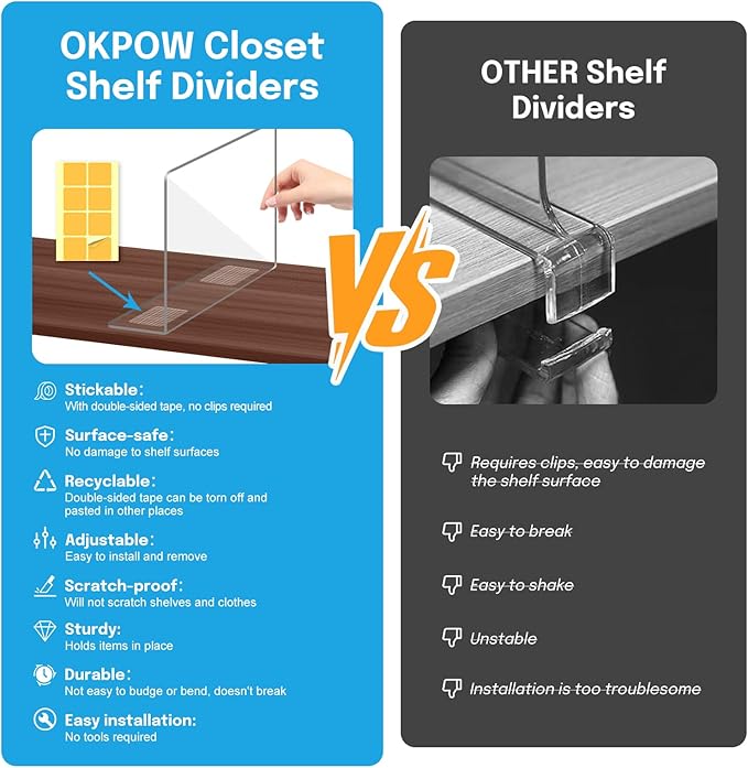OKPOW Shelf Dividers Closet Organizer - 7.5" Tall X 11.8" Deep Acrylic Clear Sturdy Separate for Clothes Purse - Adjustable Space Saver Easy Install for Home Organization Enthusiasts 8 Pack