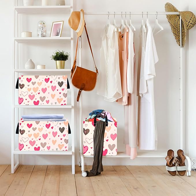 KUNRO Rectang Heart Valentine's Storage Basket Gift Shelf Basket Storage Bin, Nursery Basket Organizer Box for With Handles for Room Deco