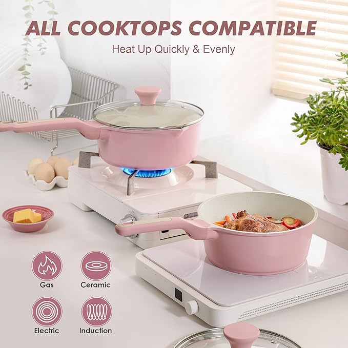 SENSARTE Ceramic Nonstick Saucepan with Double Pouring Spout 3.0 Quarts, Cooking Pot with Stay Cool Handle, Induction Compatible, Ceramic Coating, Free of Intentionally Added PFOA/PFAS, Pink